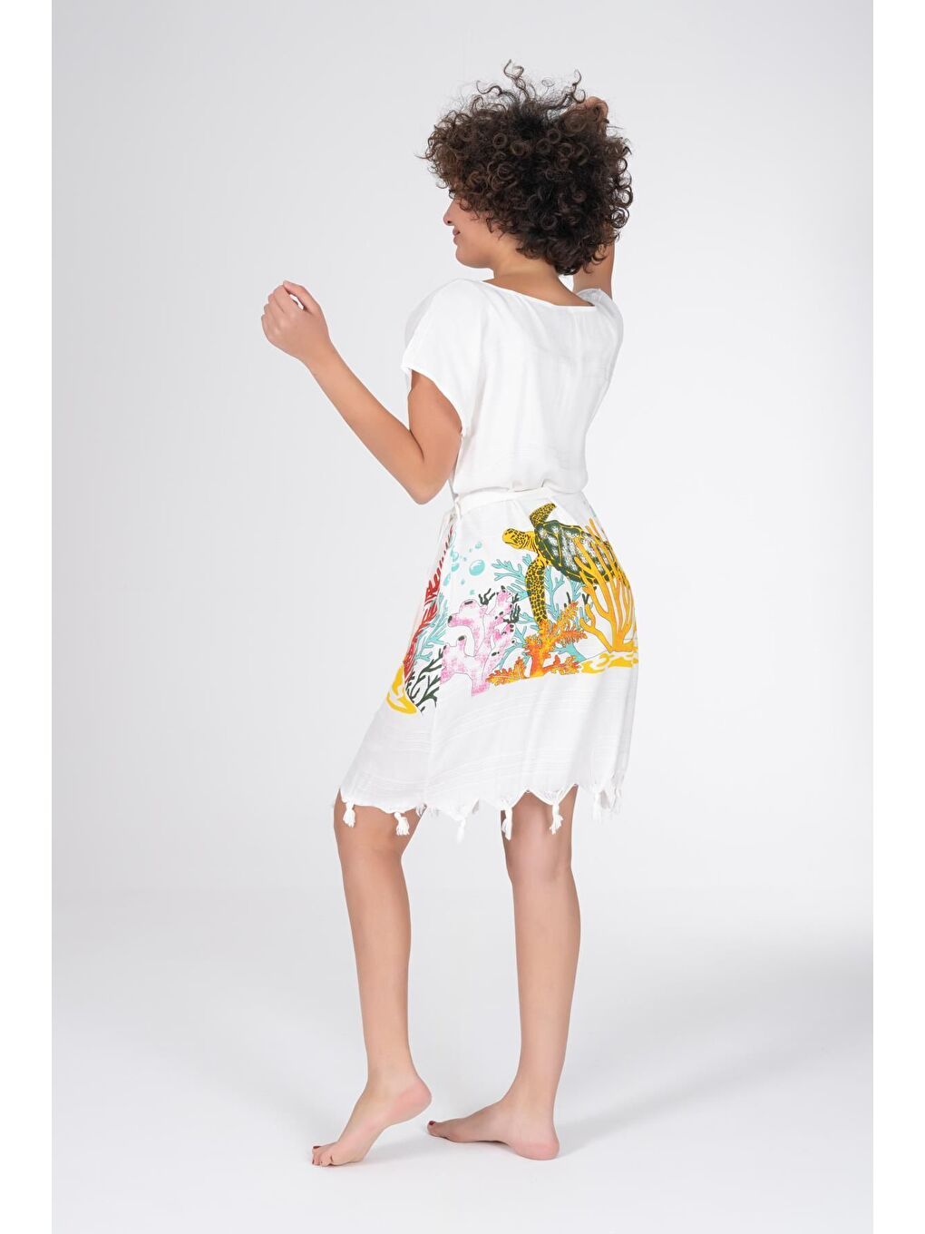 Ekru Baskılı Bambu Plaj Elbisesi-6