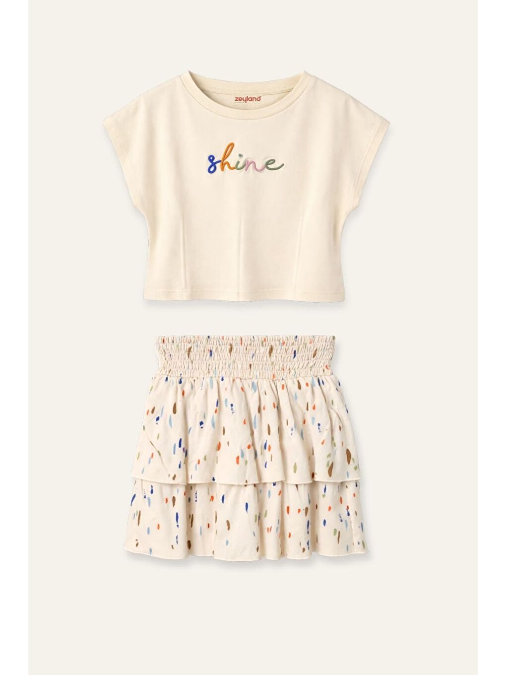 Ekru Kız Çocuk Nakışlı T-Shirt Ve Etek Takım  - Krem-2