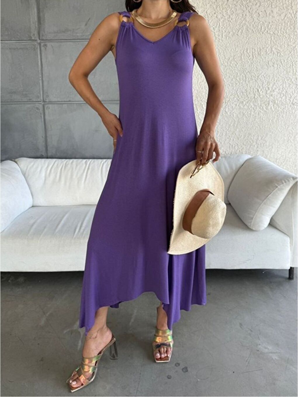 Mor Kadın çan Dokuma Kumaş V Yaka Asimetrik Kesim Elbise-2