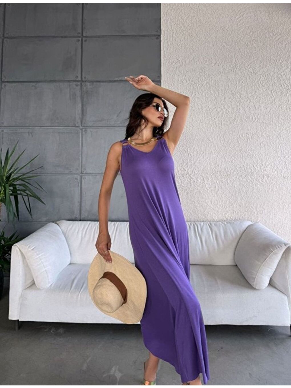 Mor Kadın çan Dokuma Kumaş V Yaka Asimetrik Kesim Elbise-3