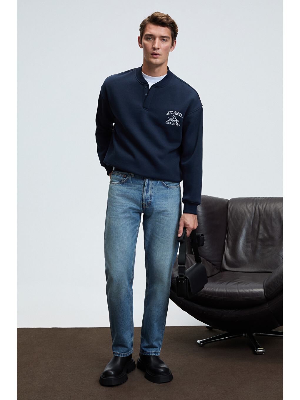 Jethro Erkek Bomber Yaka Patlı Düğmeli Göğsü Nakışlı Relaxed Fit Lacivert Sweatshirt-3