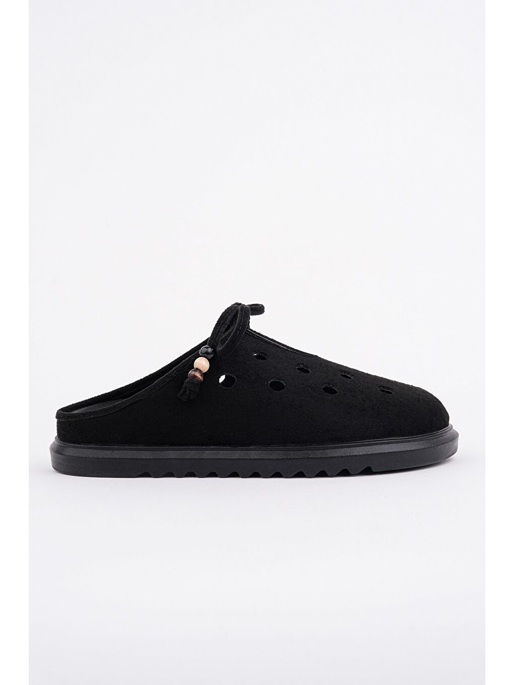 Siyah SHAMMY Süet Deri Delikli Bağcıklı Günlük Rahat Önü Kapalı Kadın Terlik