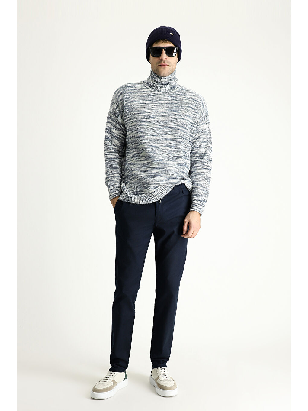 İndigo Balıkçı Yaka Oversize Desenli Triko Kazak-1