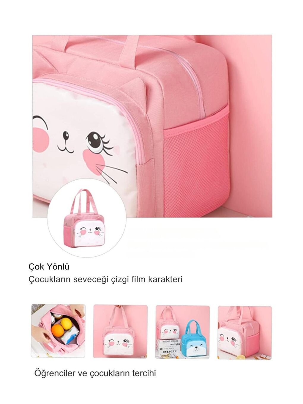Pembe Göz Kırpan Kedi Termal Yemek Çantası 20 x 24 x 12 cm-2