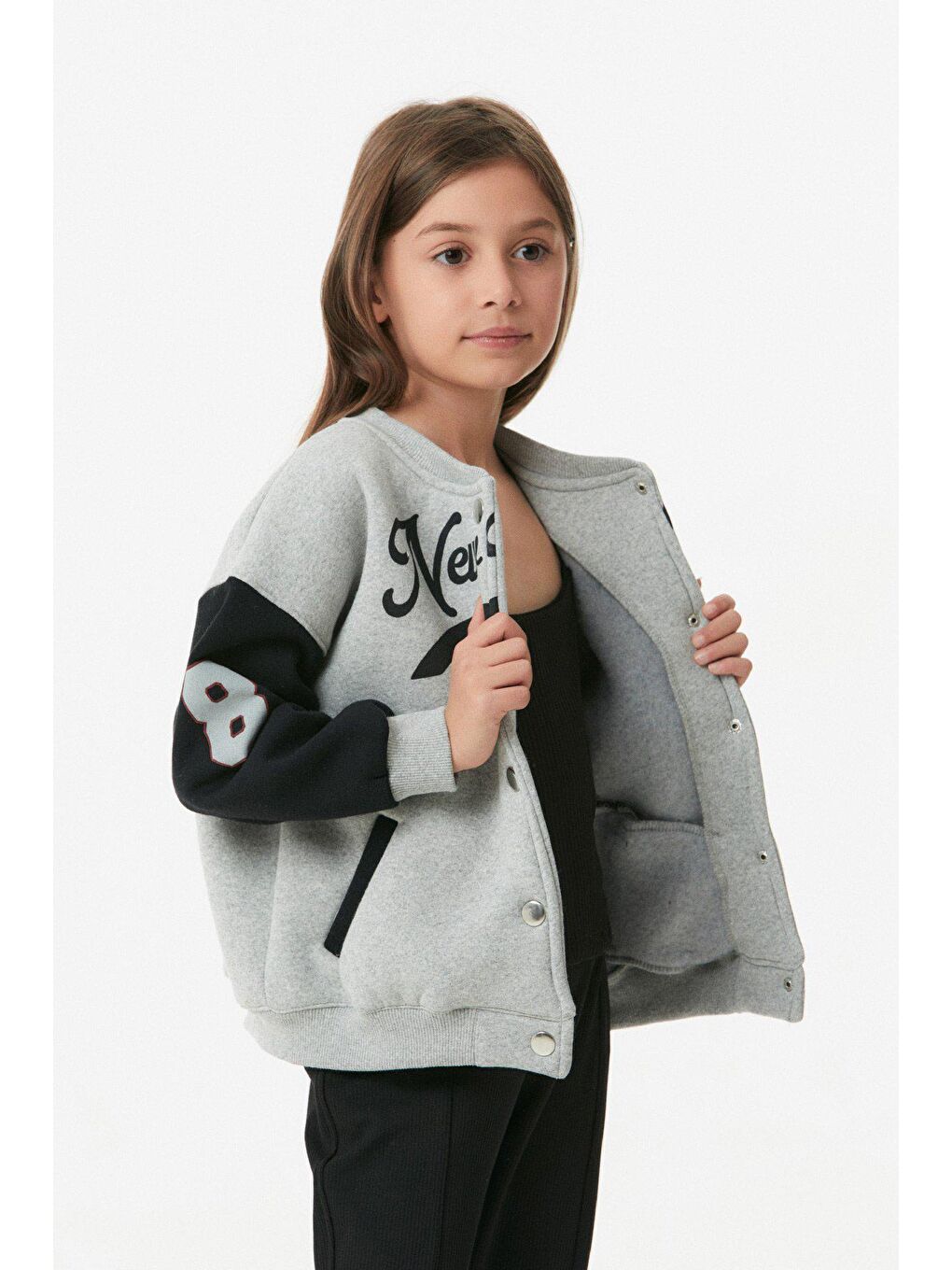 Gri New York Yazılı Çıtçıtlı Unisex Kolej Ceket-1