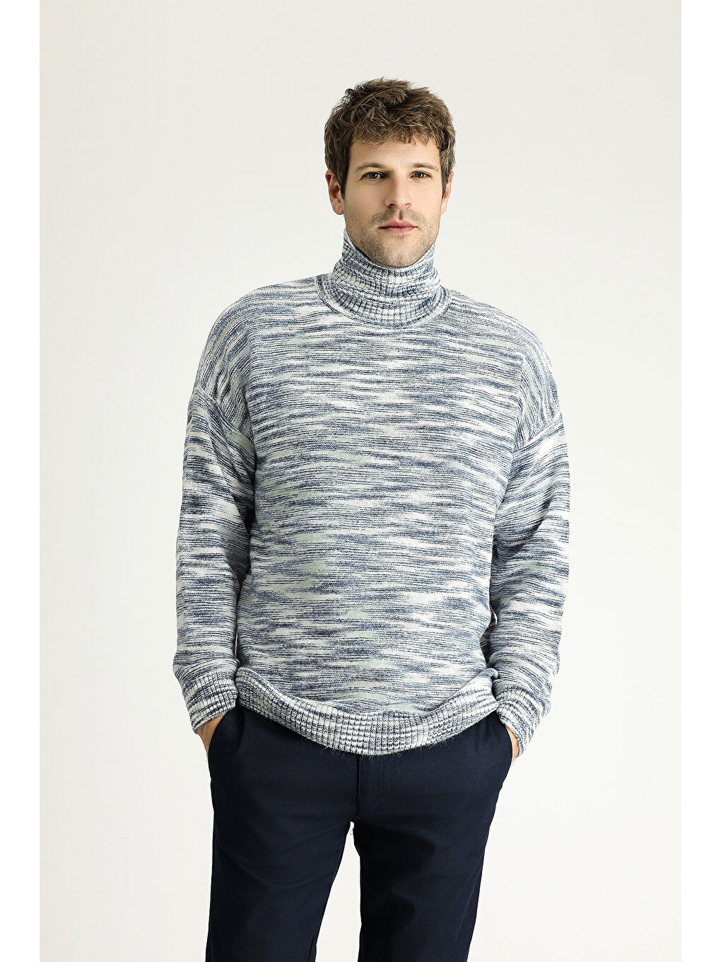 İndigo Balıkçı Yaka Oversize Desenli Triko Kazak-2