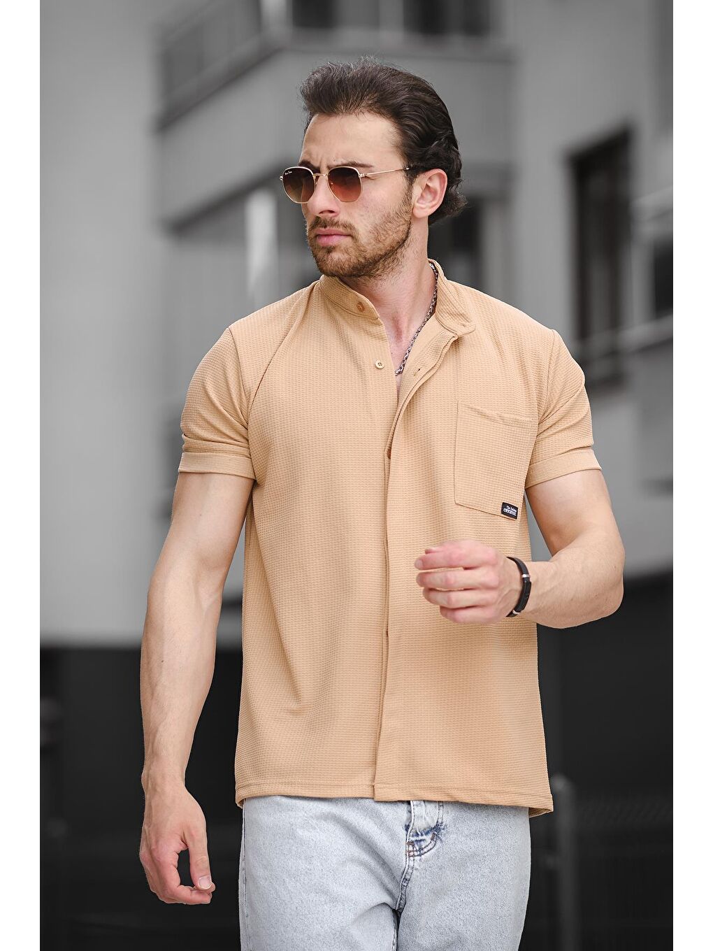 Ekru Dennie Tek Cep Waffle Kumaş Slim Kısa Kol Hakim Yaka Erkek Gömlek