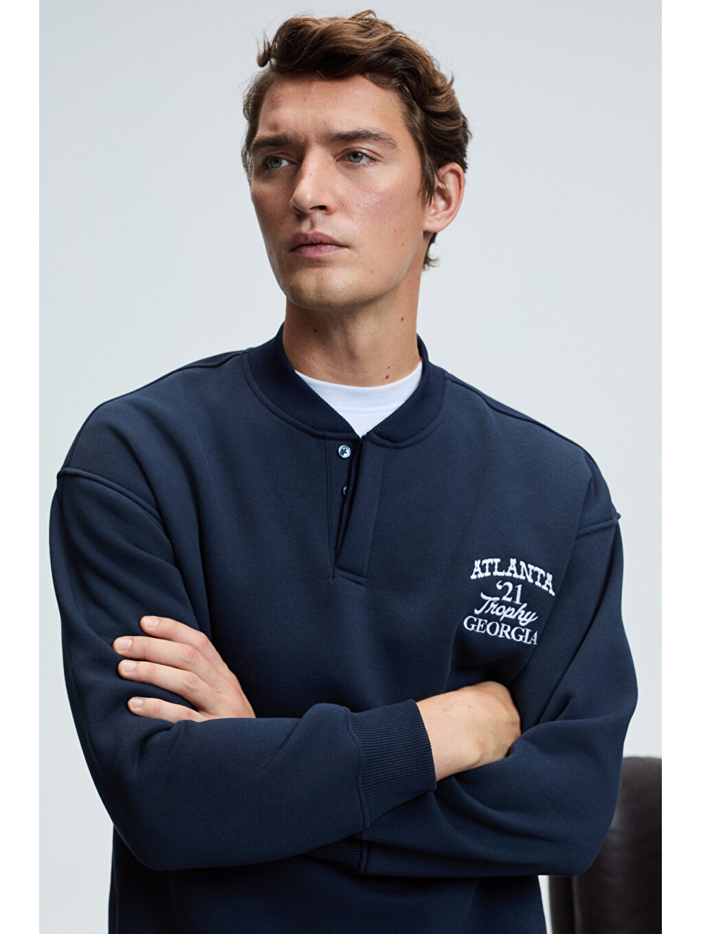 Jethro Erkek Bomber Yaka Patlı Düğmeli Göğsü Nakışlı Relaxed Fit Lacivert Sweatshirt-4