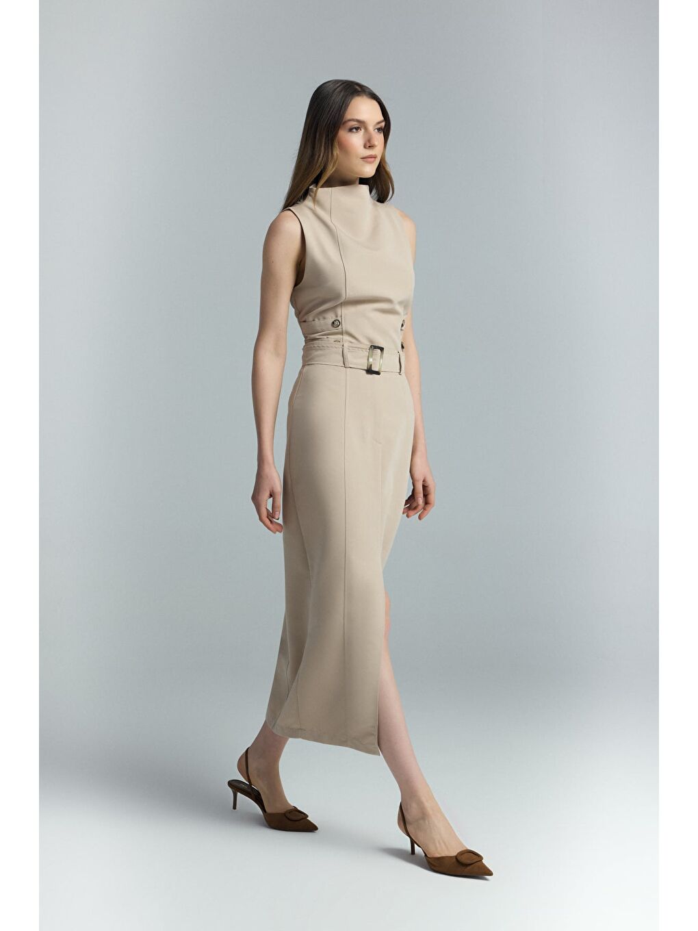 Kahverengi Jessi Yırtmaçlı Etek - Camel