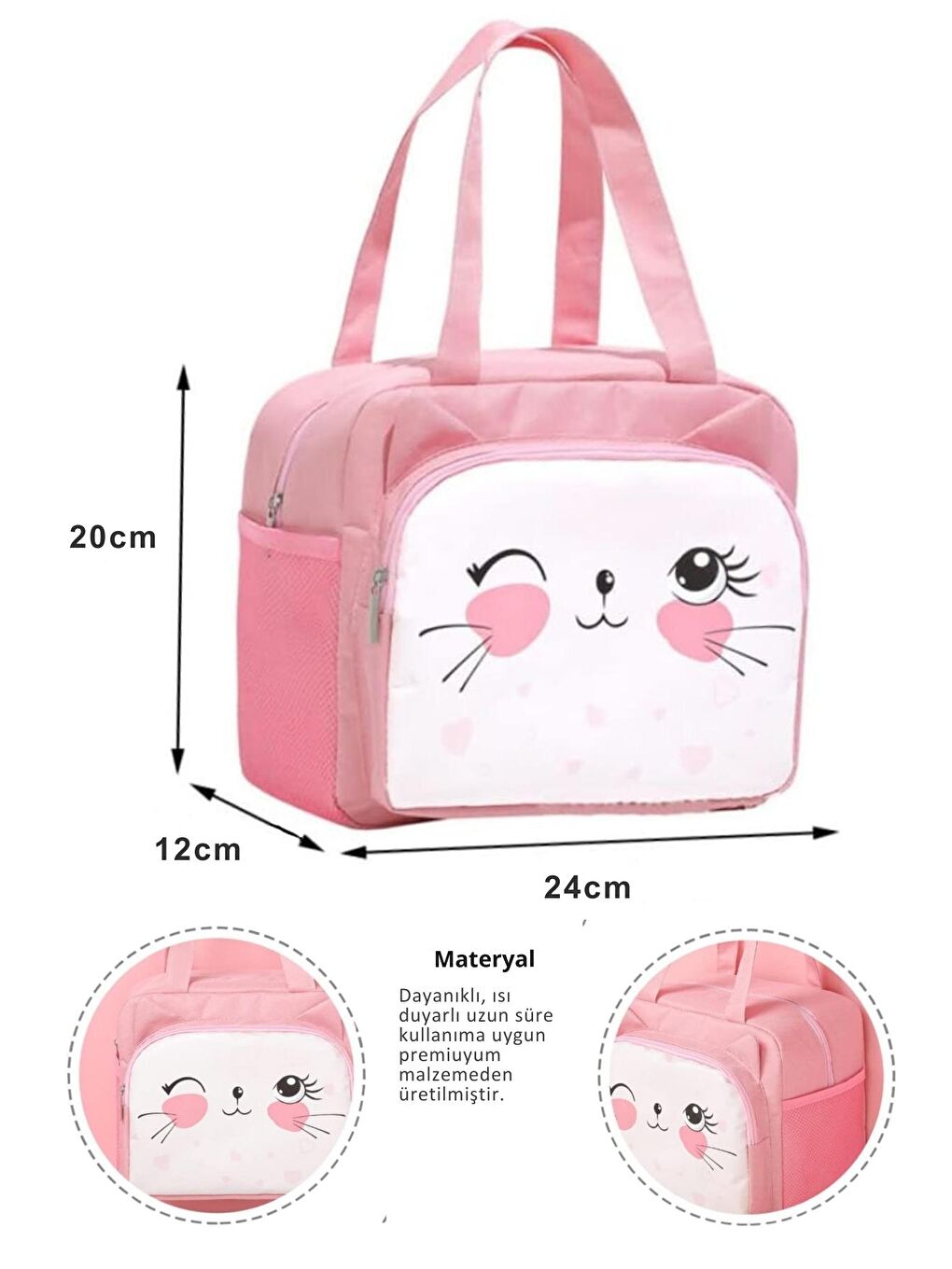 Pembe Göz Kırpan Kedi Termal Yemek Çantası 20 x 24 x 12 cm-3