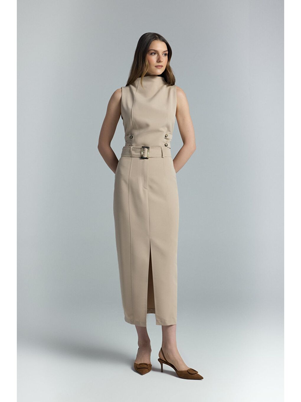 Kahverengi Jessi Yırtmaçlı Etek - Camel-1