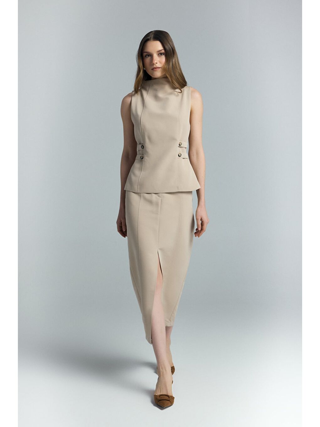 Kahverengi Jessi Yırtmaçlı Etek - Camel-2