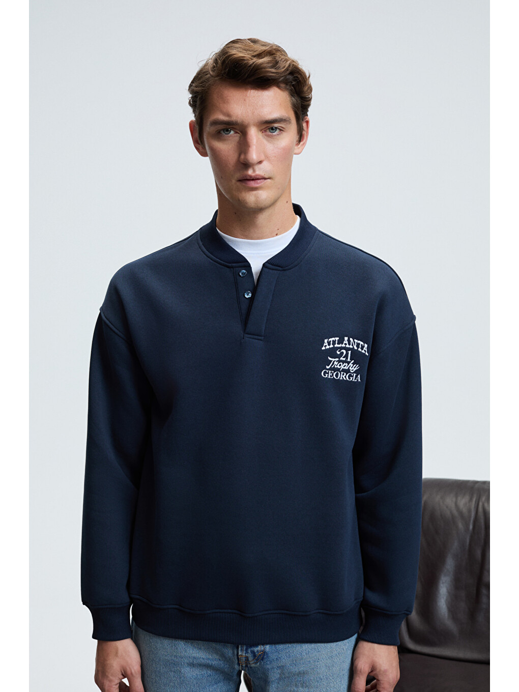 Jethro Erkek Bomber Yaka Patlı Düğmeli Göğsü Nakışlı Relaxed Fit Lacivert Sweatshirt-5
