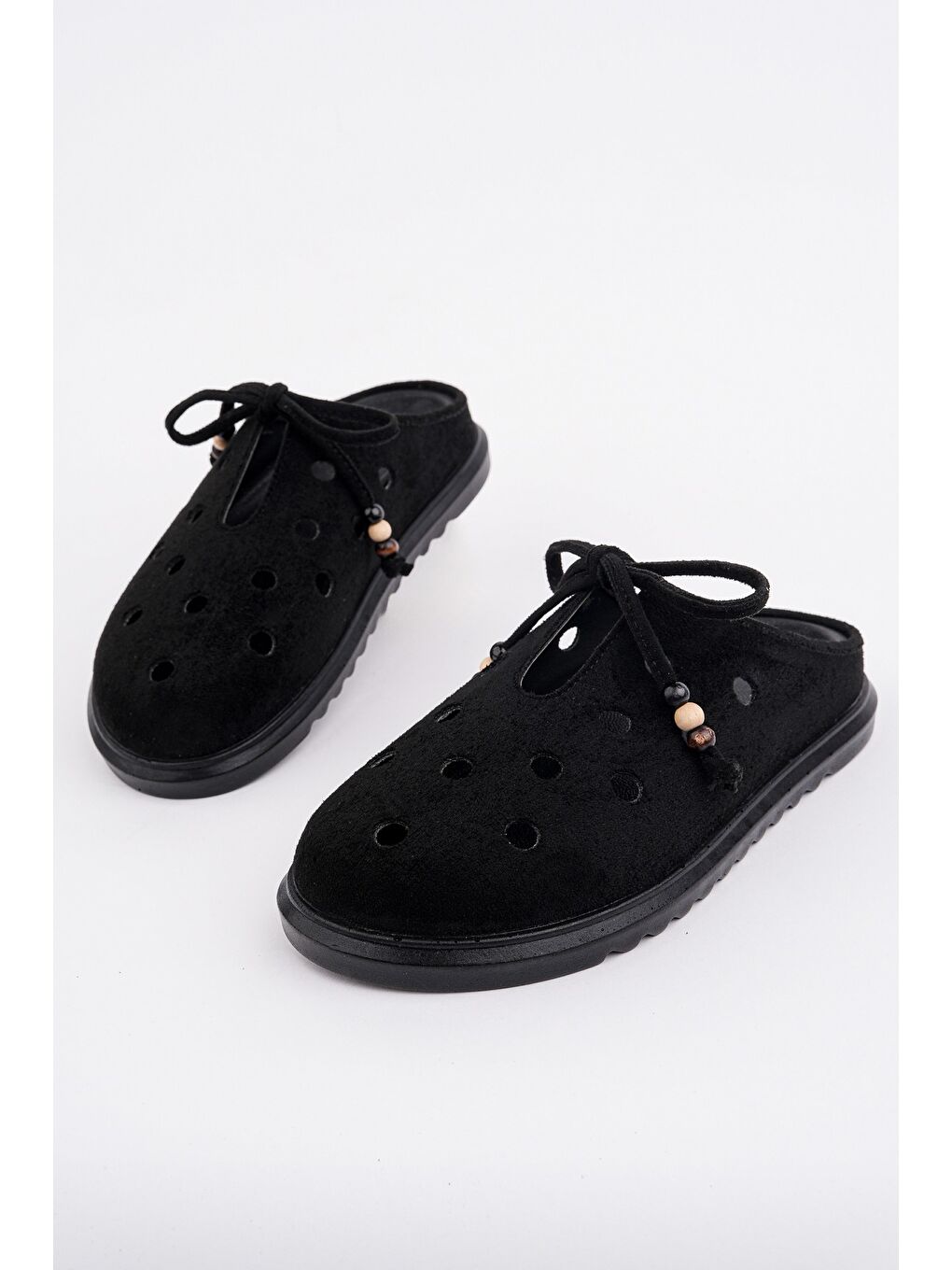 Siyah SHAMMY Süet Deri Delikli Bağcıklı Günlük Rahat Önü Kapalı Kadın Terlik-2