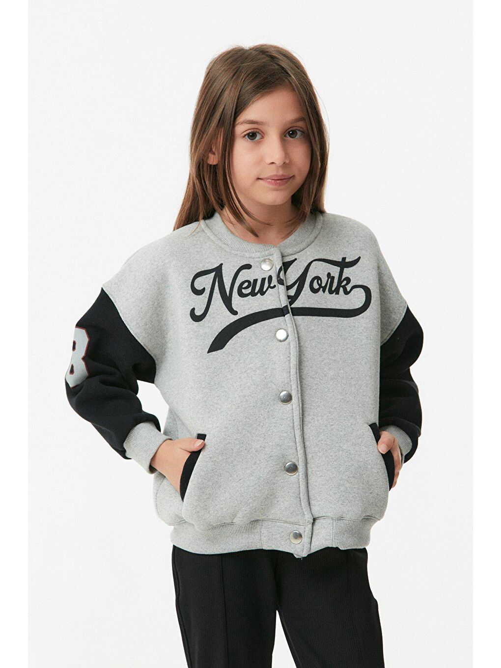 Gri New York Yazılı Çıtçıtlı Unisex Kolej Ceket-2