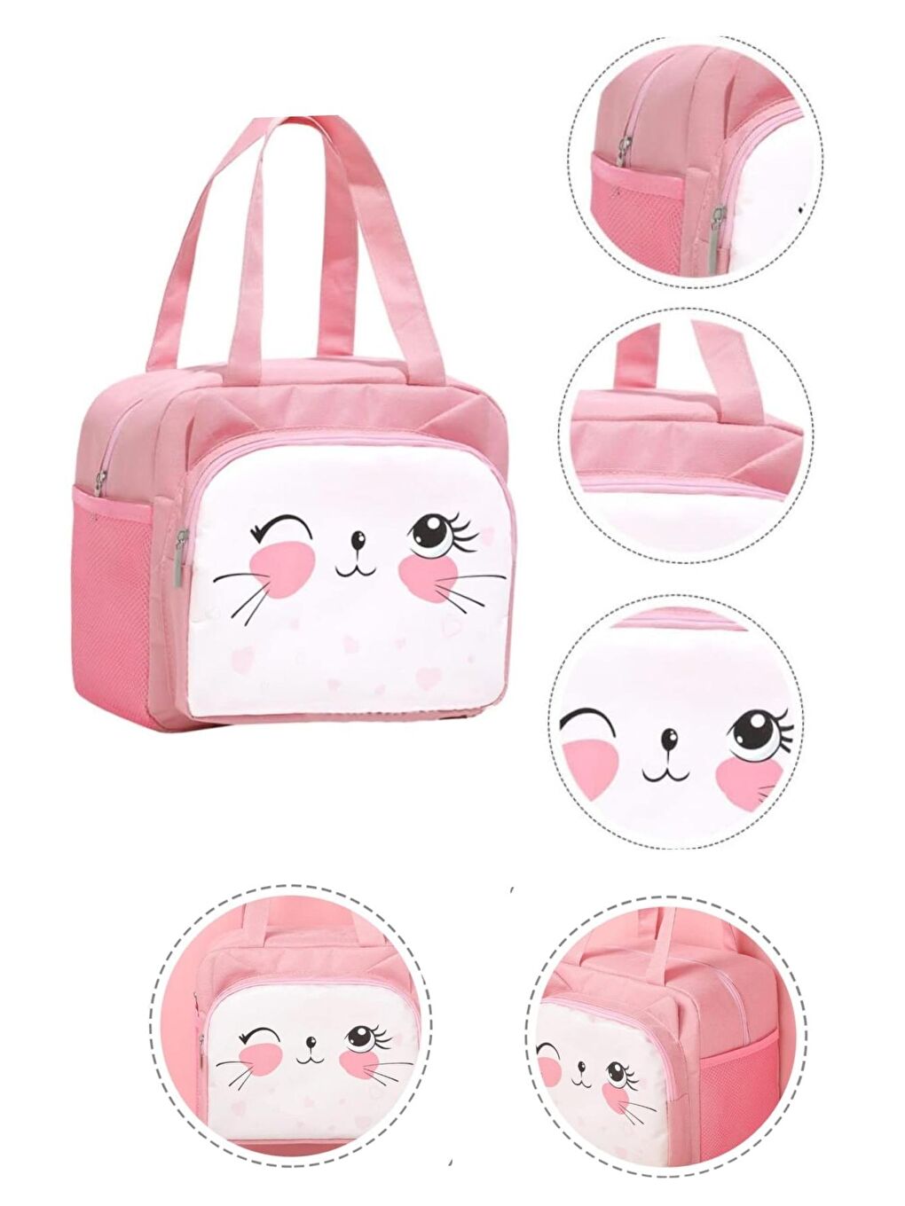 Pembe Göz Kırpan Kedi Termal Yemek Çantası 20 x 24 x 12 cm-4
