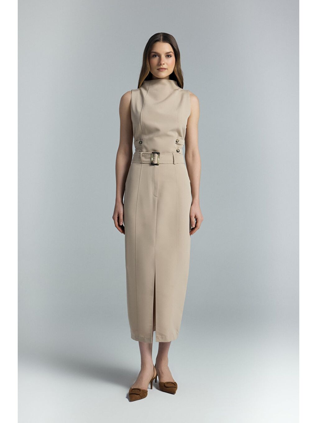 Kahverengi Jessi Yırtmaçlı Etek - Camel-4