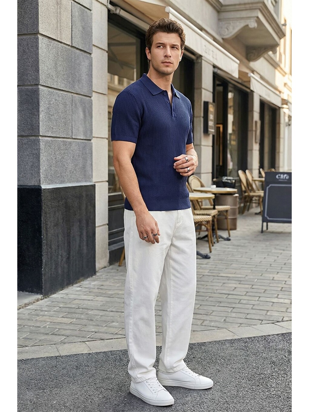 Lacivert Bande Regular Fit Erkek Kısa Kol Triko Polo Yaka Dokulu Tişört-1
