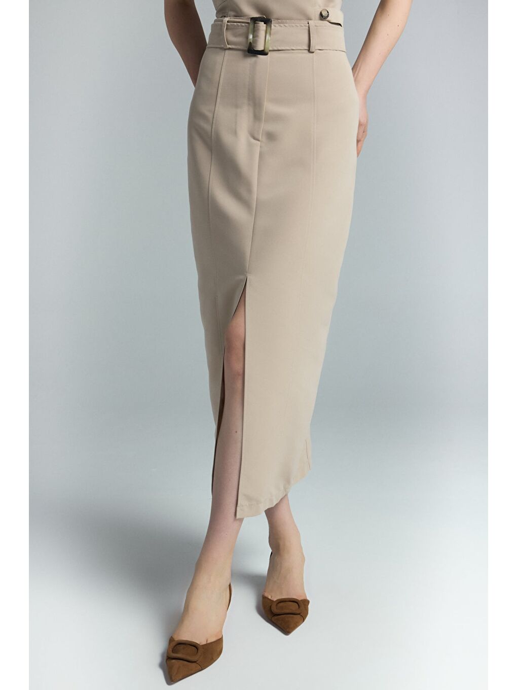 Kahverengi Jessi Yırtmaçlı Etek - Camel-5