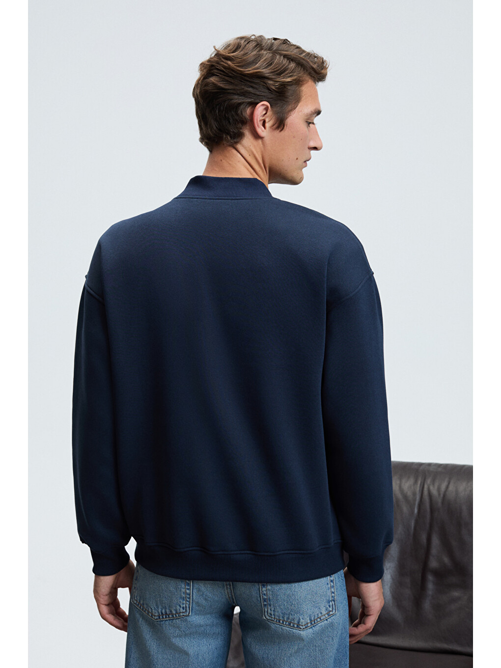 Jethro Erkek Bomber Yaka Patlı Düğmeli Göğsü Nakışlı Relaxed Fit Lacivert Sweatshirt-6