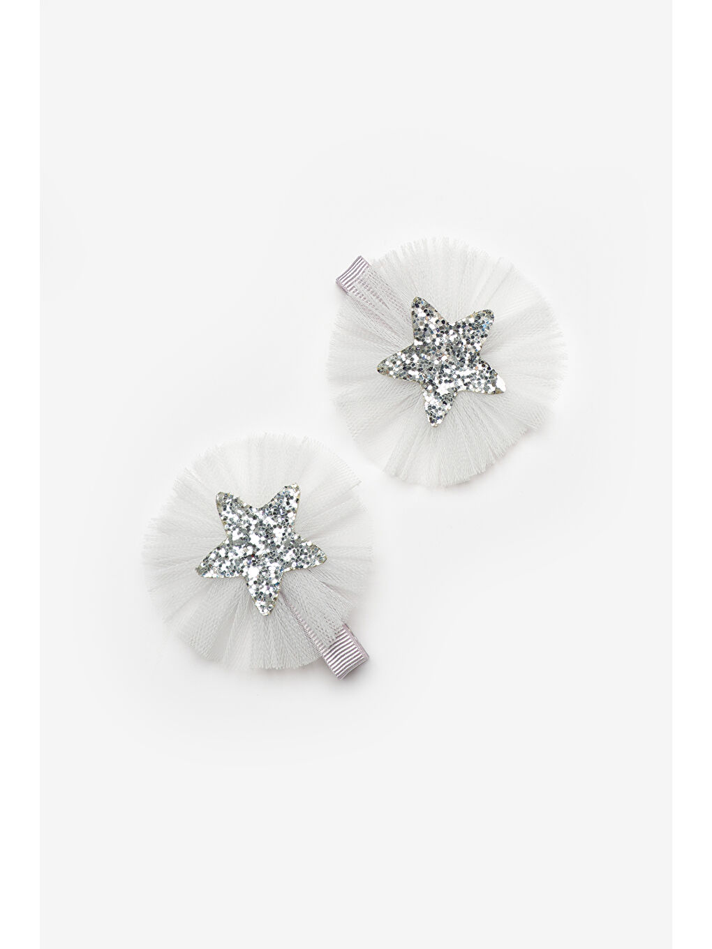 Gri Gümüş Tül Detaylı Yıldız Figürlü 2'li Kız Çocuk Klips Toka