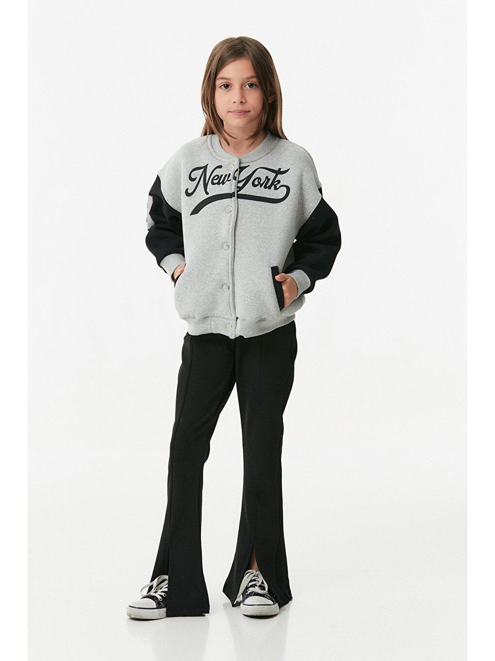 Gri New York Yazılı Çıtçıtlı Unisex Kolej Ceket-3