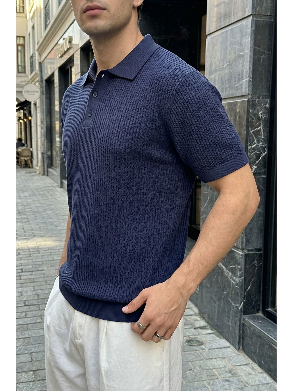 Lacivert Bande Regular Fit Erkek Kısa Kol Triko Polo Yaka Dokulu Tişört-3