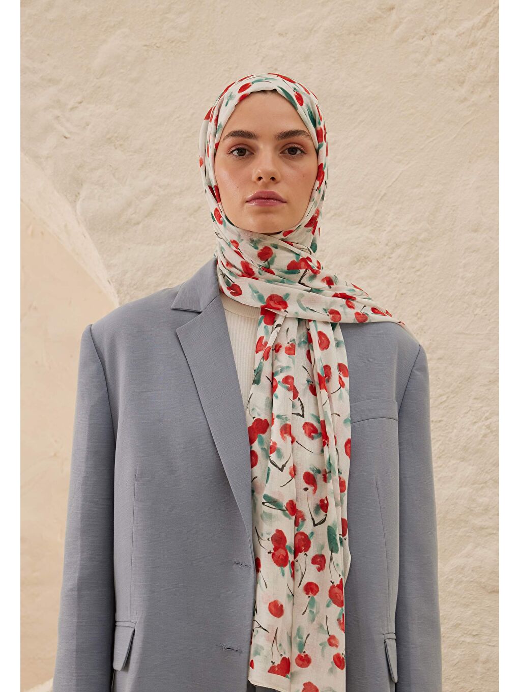 Cherry Desen Rami Şal Ekru-1