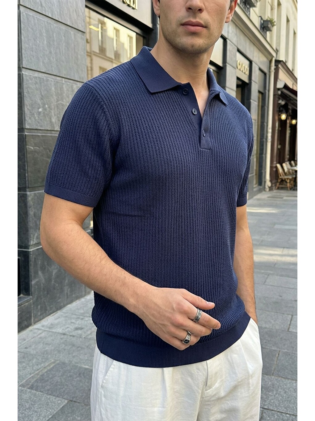 Lacivert Bande Regular Fit Erkek Kısa Kol Triko Polo Yaka Dokulu Tişört-4