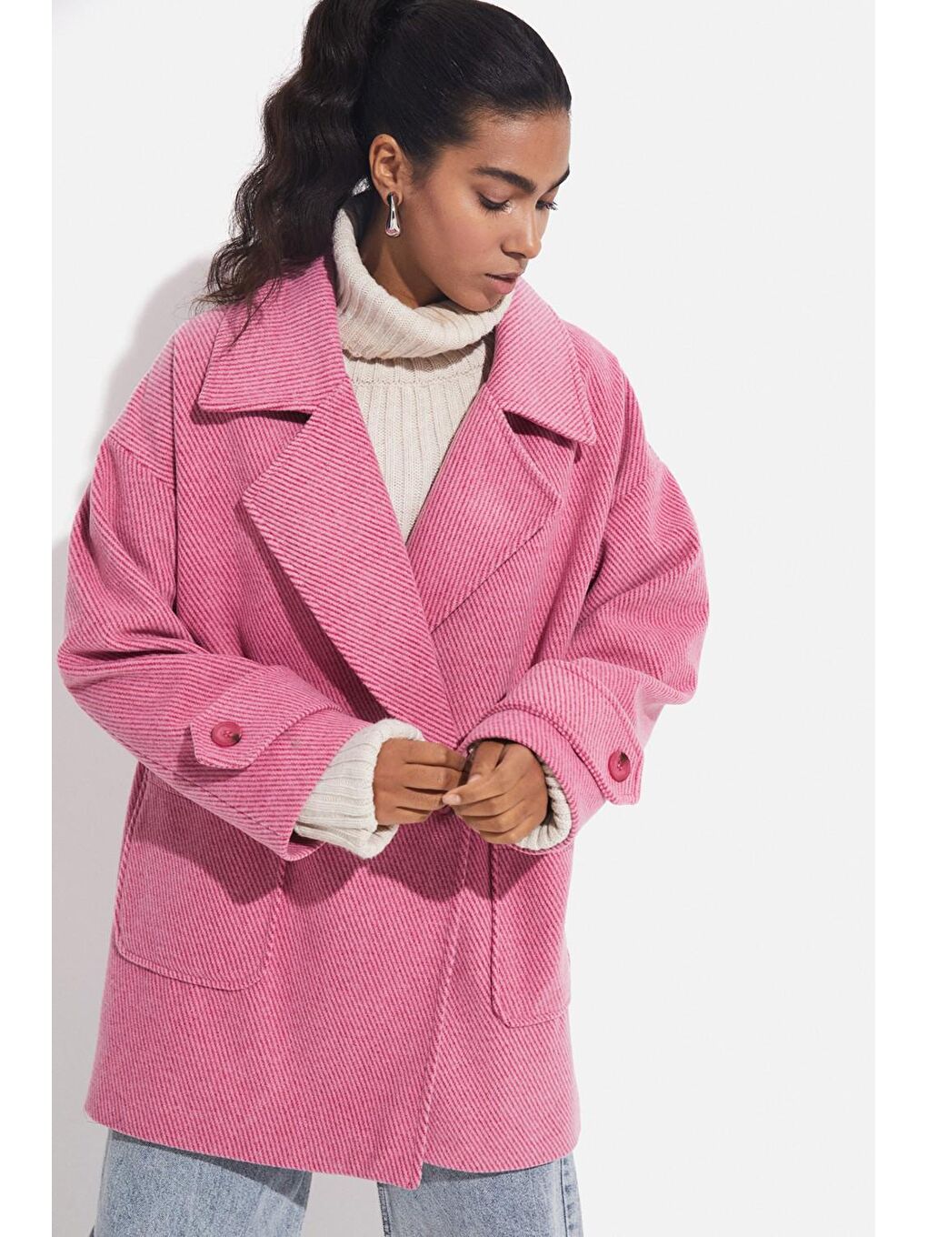 June Pembe Düşük Kol Oversize Kaban - 3