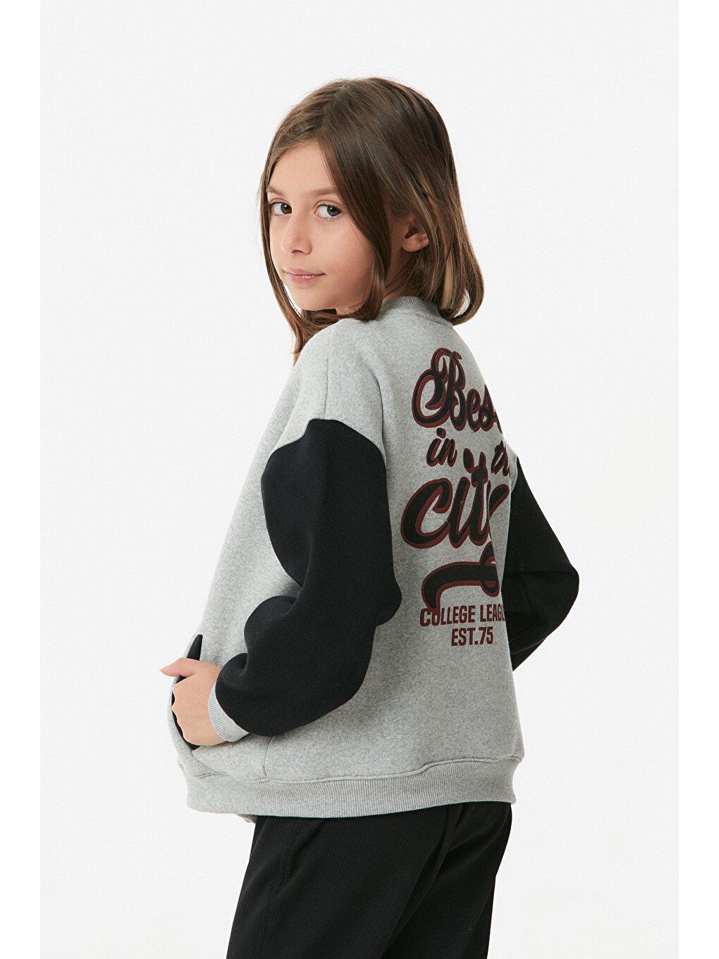 Gri New York Yazılı Çıtçıtlı Unisex Kolej Ceket-4