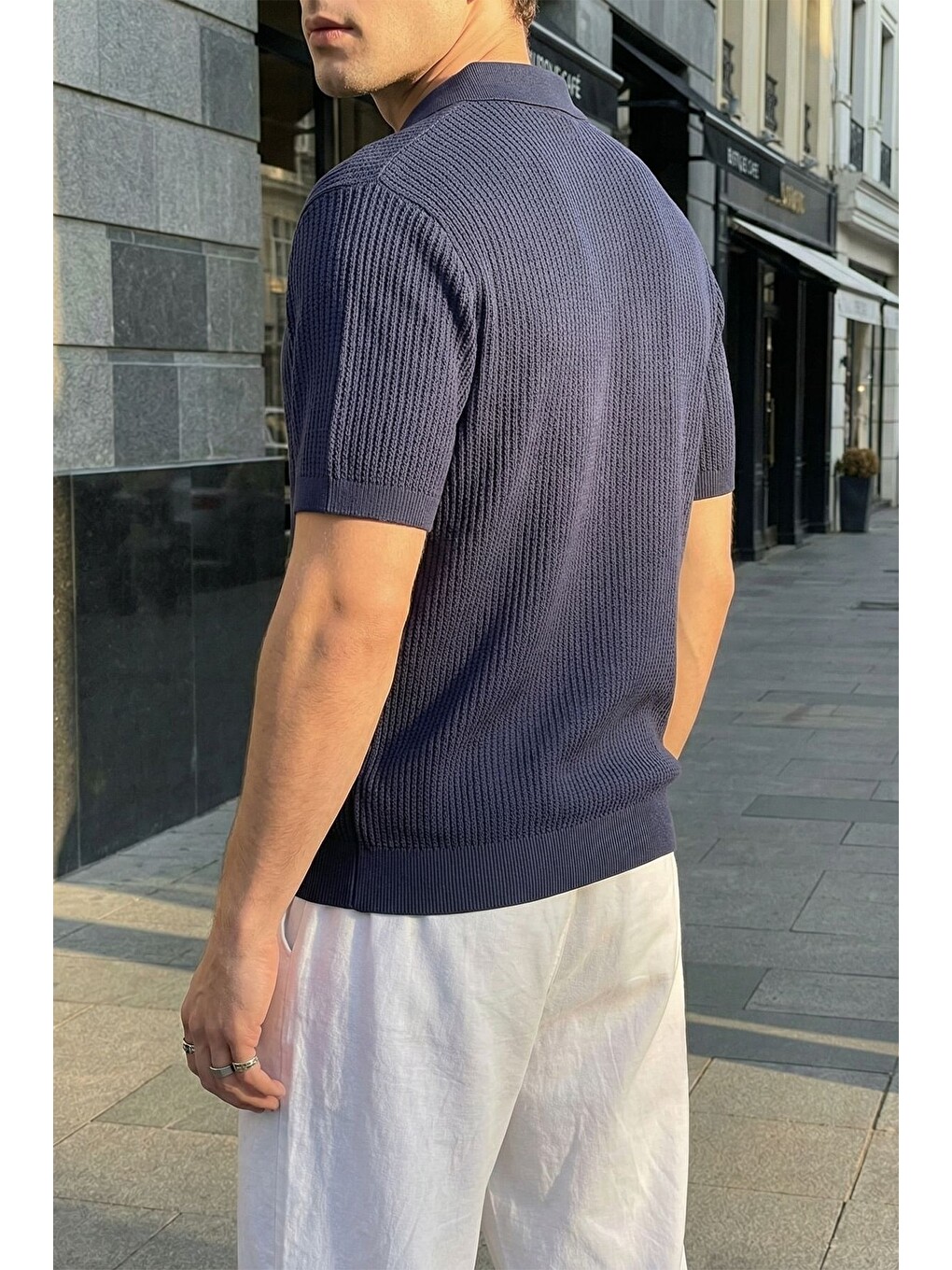 Lacivert Bande Regular Fit Erkek Kısa Kol Triko Polo Yaka Dokulu Tişört-5