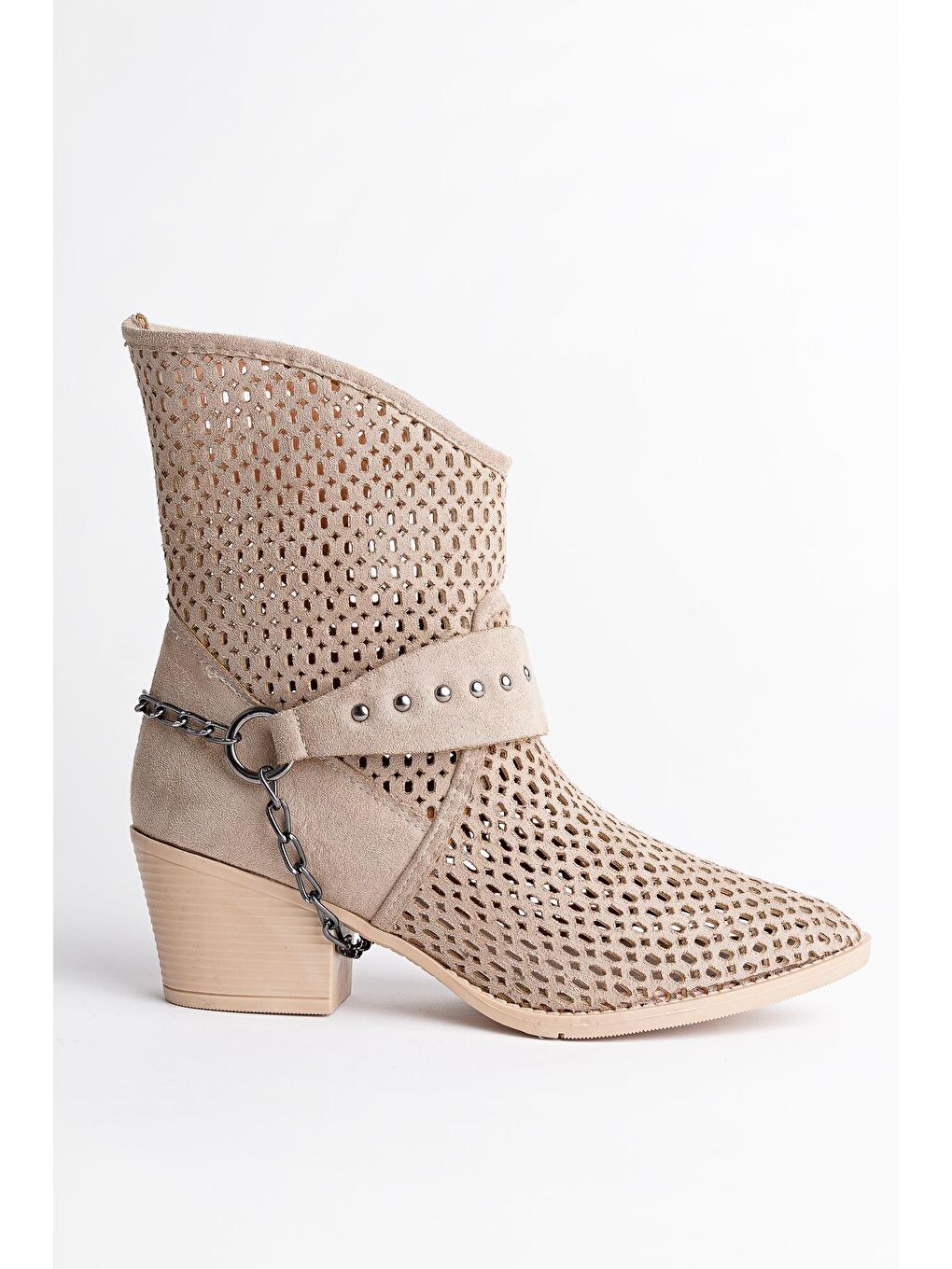 Bej BURNİNG Kadın Lazer Kesim Zincir Detaylı Delikli Kovboy Yazlık Topuklu Festival Bot-5