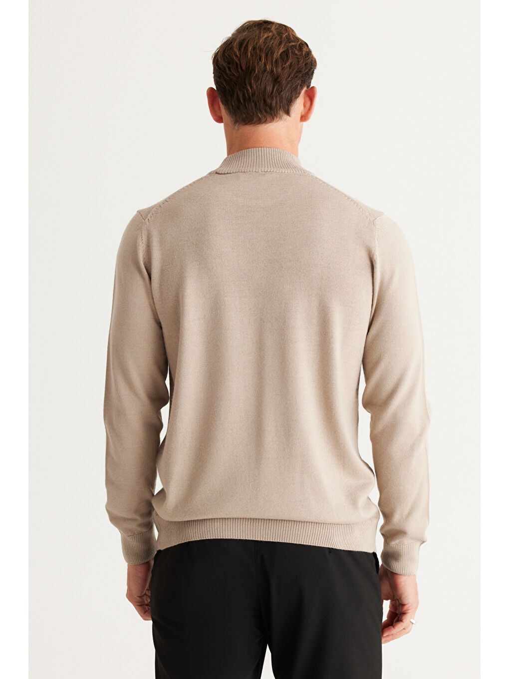 Erkek Bej Standart Fit Normal Kesim Yarım Balıkçı Yaka Triko Kazak-4