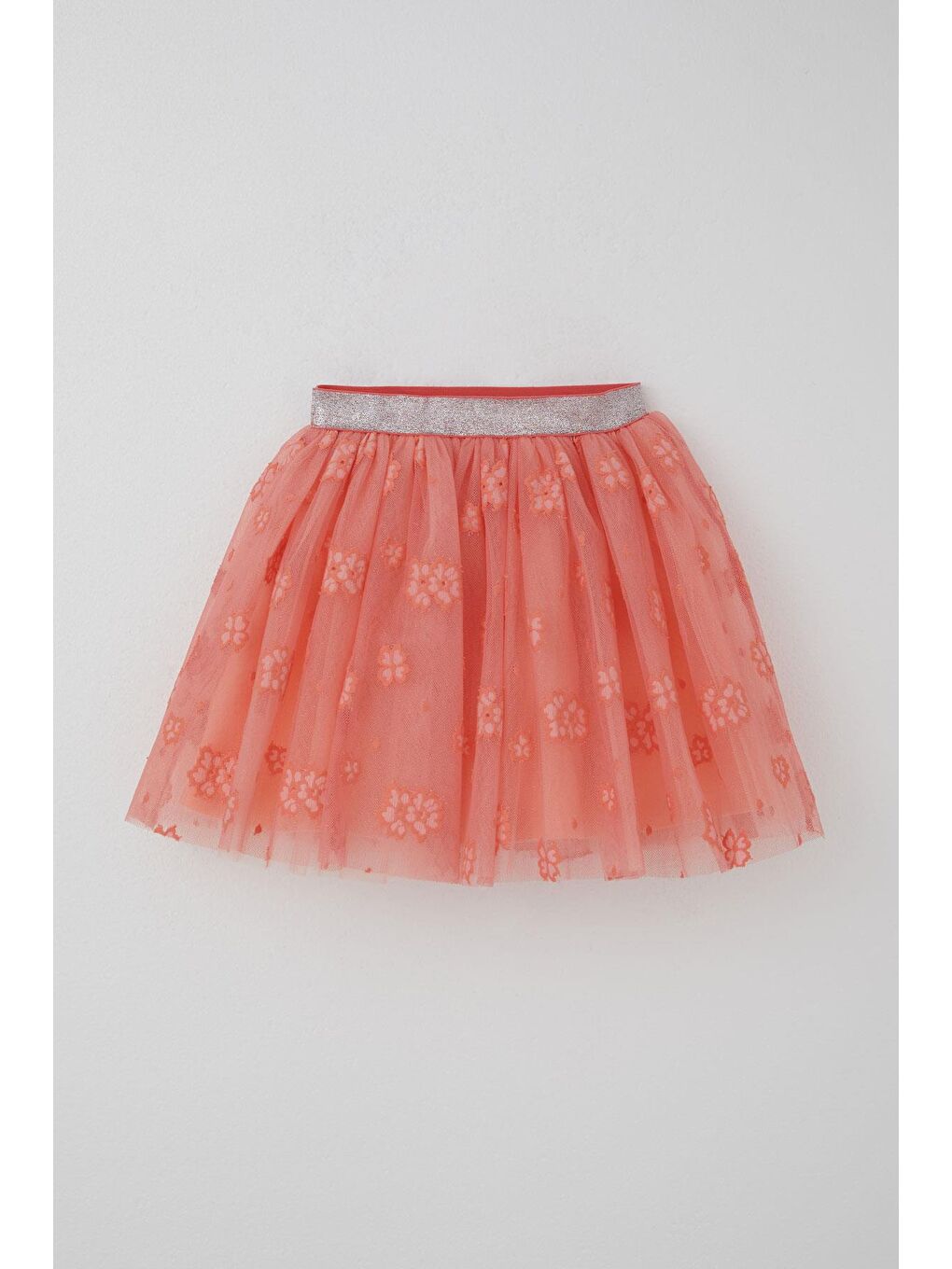 Pembe Kız Çocuk Tütü Etek Çiçek Nakışlı Beli Lastikli Simli Somon (5-10 Yaş)