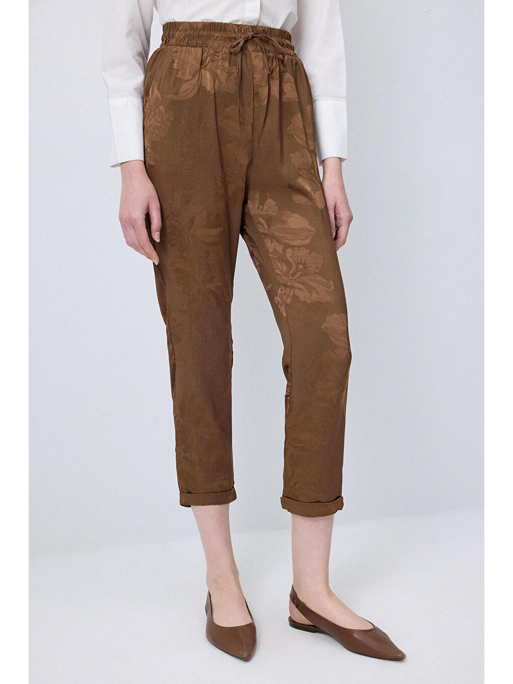 Kahverengi Beli Lastikli Jakarlı Pantolon-3