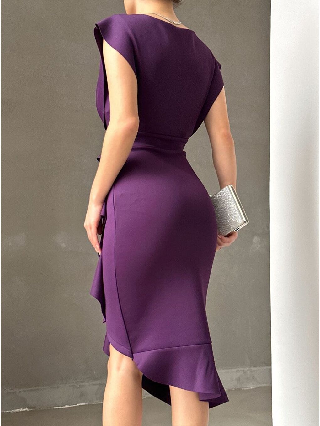 Mürdüm Scuba Kumaş Önü Fırfırlı Midi Boy Elbise-3