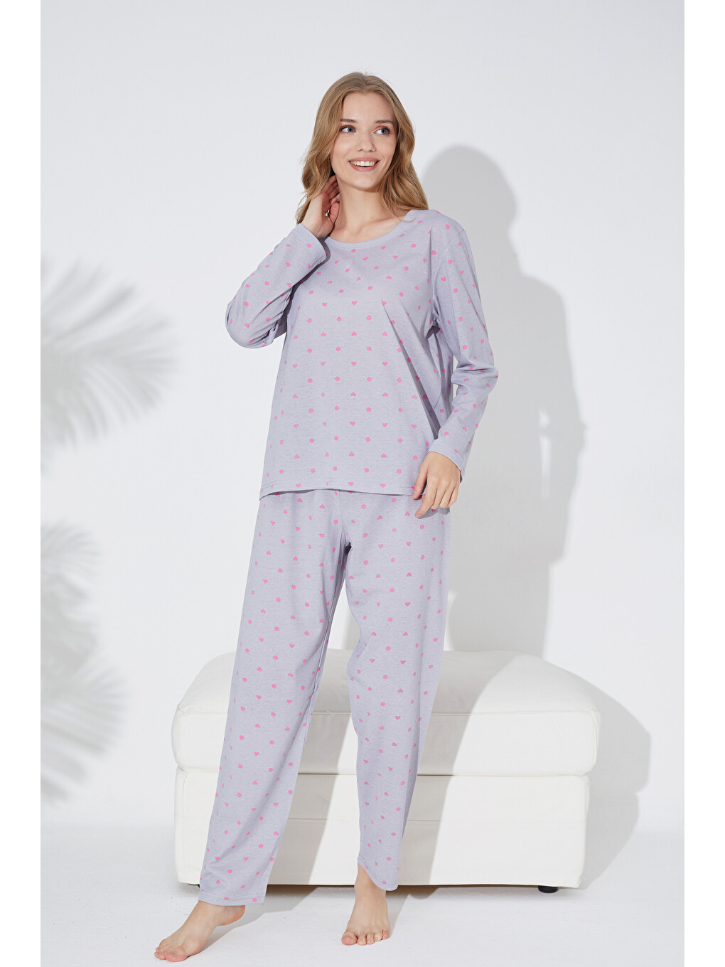 Gri Pembe Kalp Ve Puan Desenli Örme Pijama Takım 7792-1