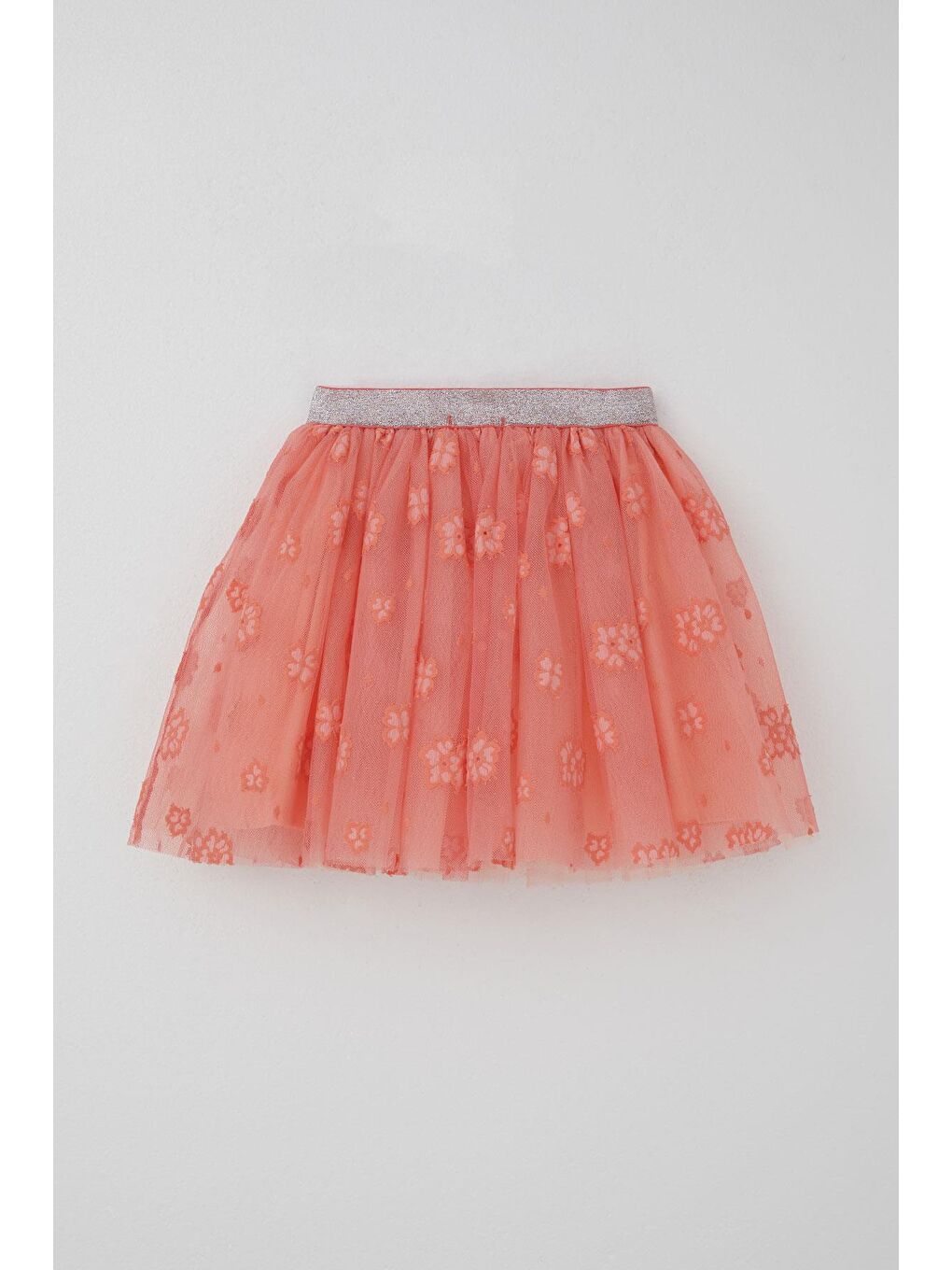 Pembe Kız Çocuk Tütü Etek Çiçek Nakışlı Beli Lastikli Simli Somon (5-10 Yaş)-1