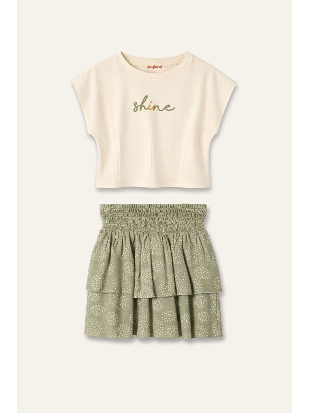 Kız Çocuk Nakışlı T-Shirt Ve Etek Takım  - Yeşil-1