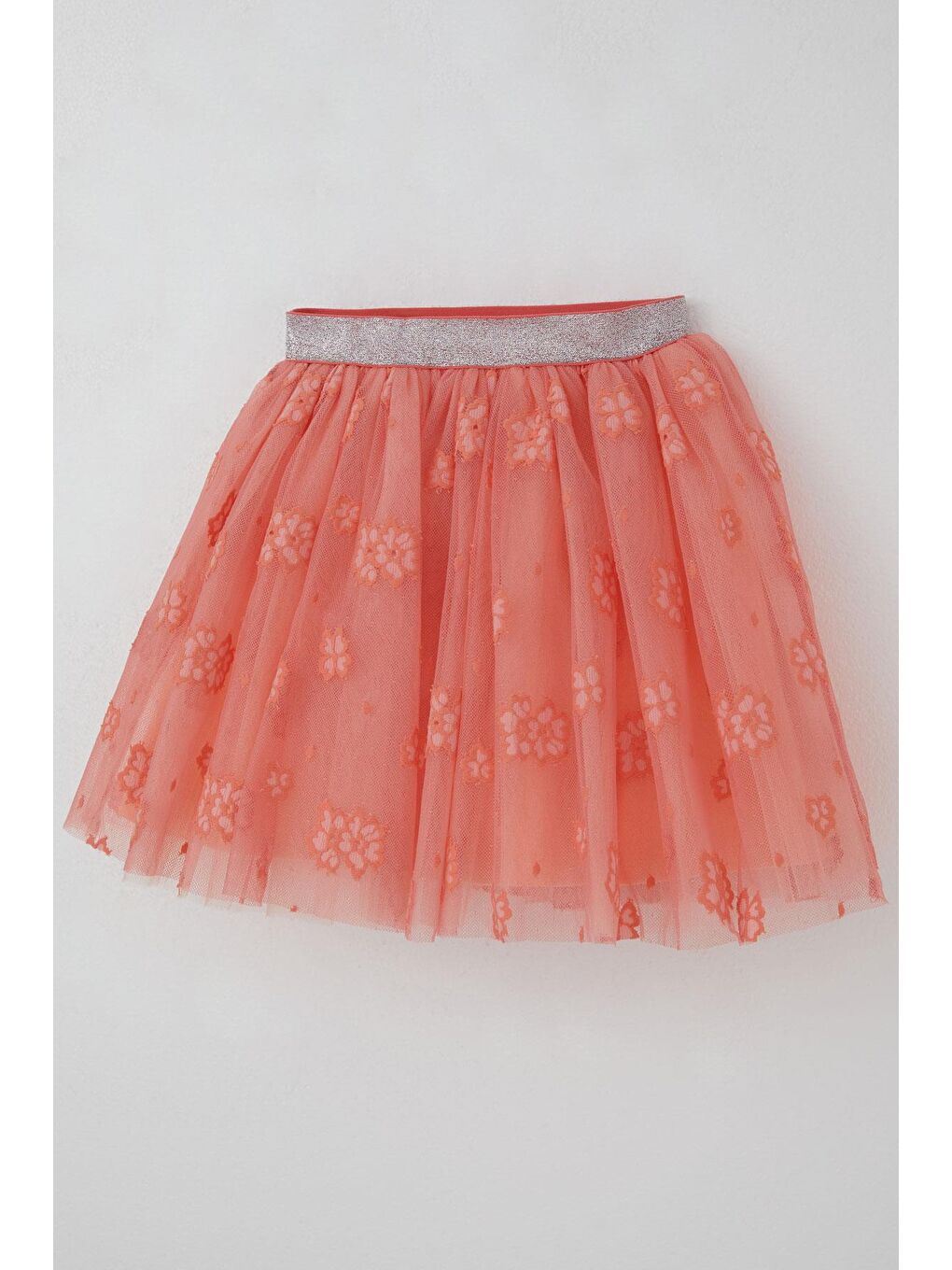 Pembe Kız Çocuk Tütü Etek Çiçek Nakışlı Beli Lastikli Simli Somon (5-10 Yaş)-2