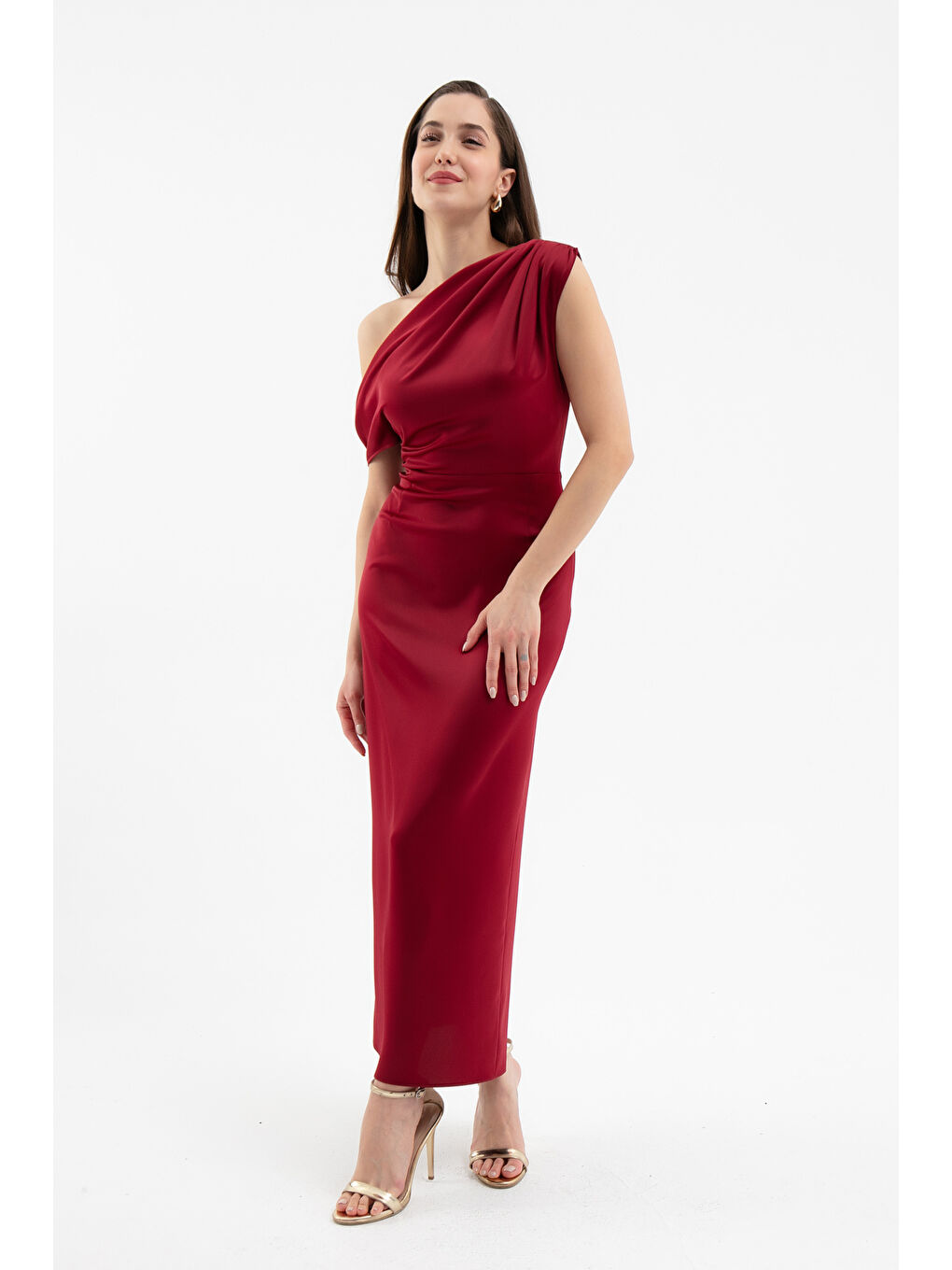 Kadın Bordo Degaje Yaka Yırtmaçlı Saten Midi Elbise-1