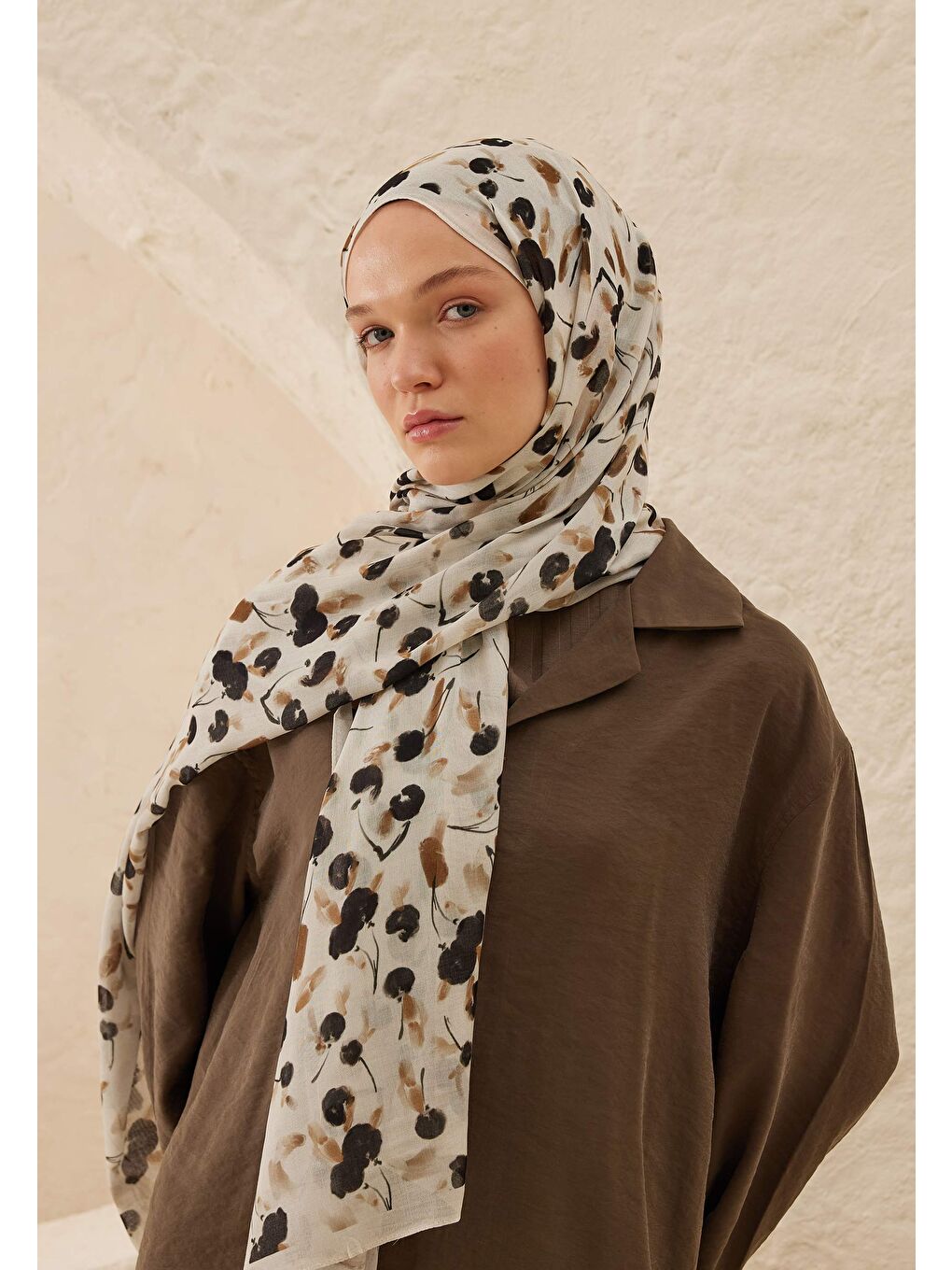 Cherry Desen Rami Şal Bej-1