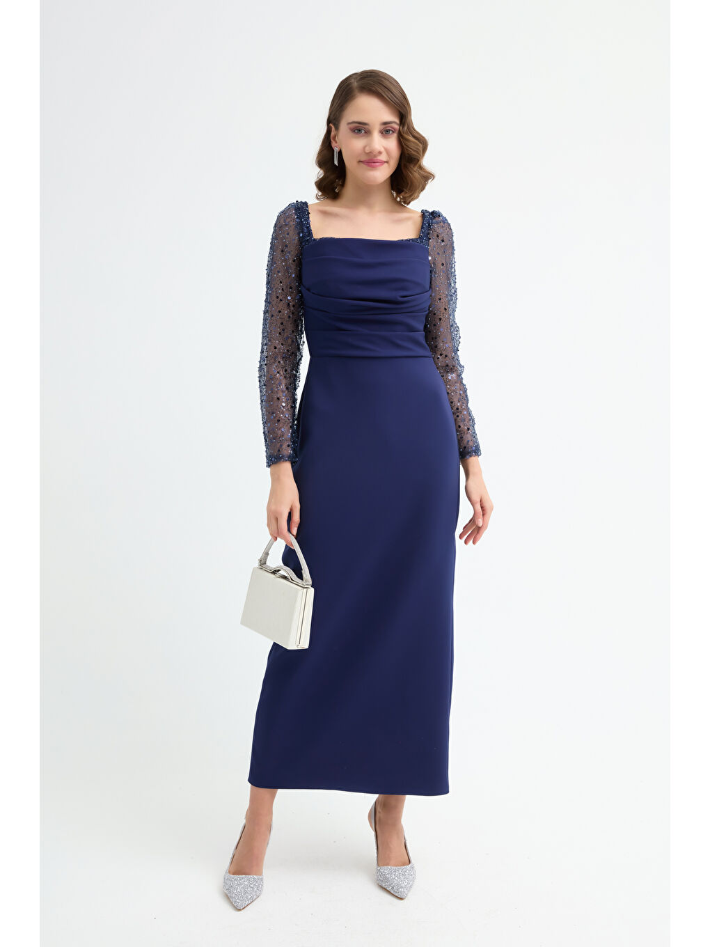 Kadın Lacivert Kalp Yaka Kolları Payetli Midi Söz Nişan Nikah Abiye Elbise