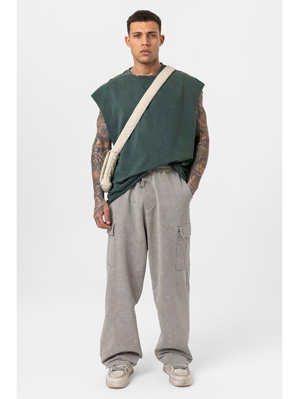 Yıkamalı Kargo Cepli Baggy Eşofman Alt Haki