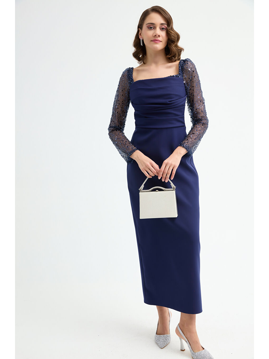 Kadın Lacivert Kalp Yaka Kolları Payetli Midi Söz Nişan Nikah Abiye Elbise-1