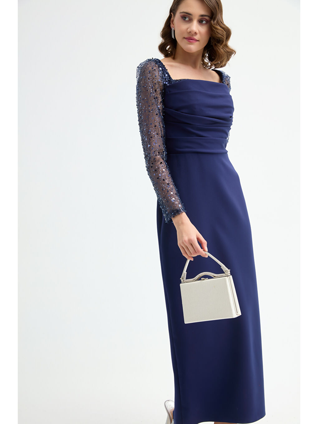 Kadın Lacivert Kalp Yaka Kolları Payetli Midi Söz Nişan Nikah Abiye Elbise-2