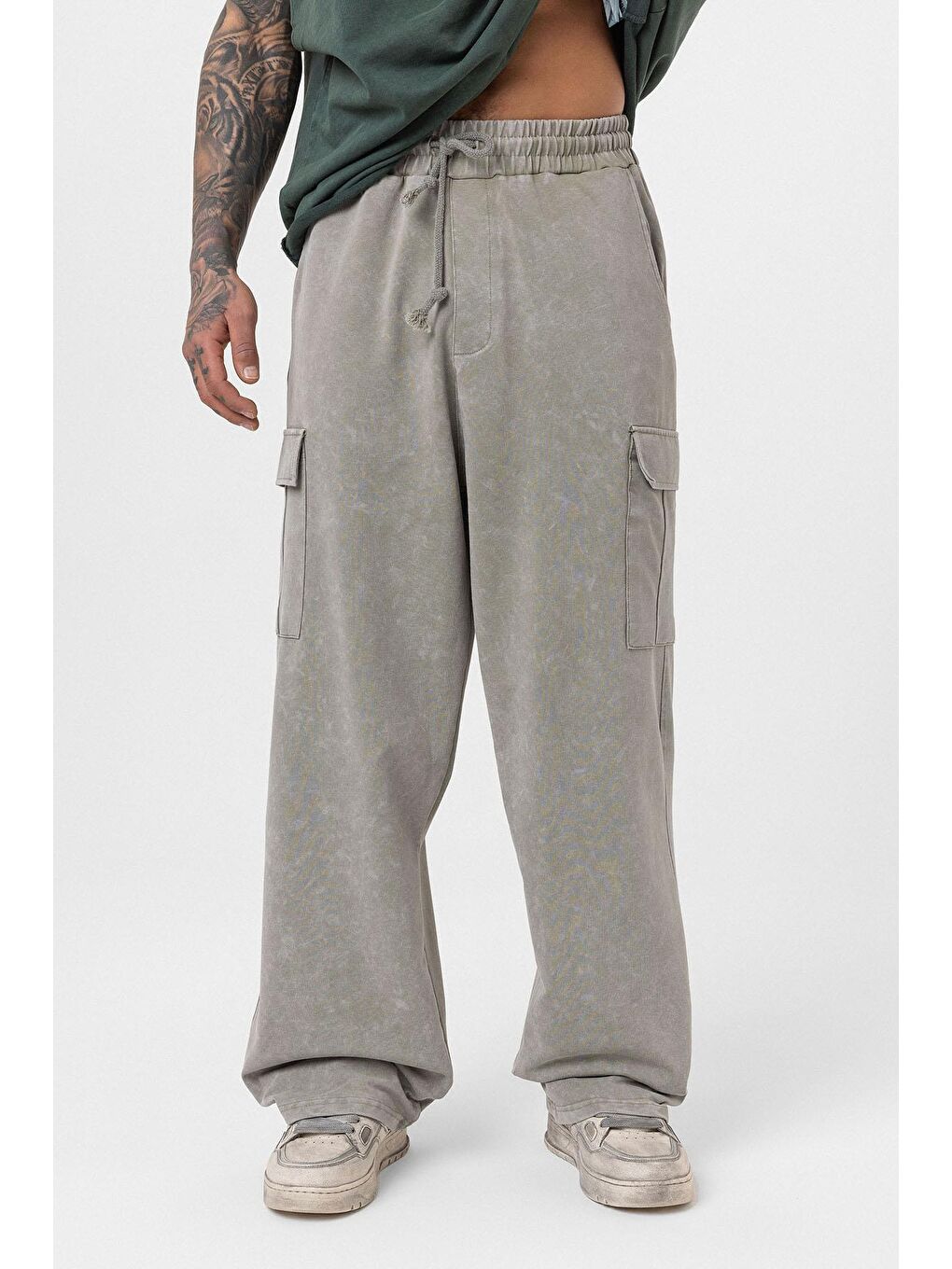 Yıkamalı Kargo Cepli Baggy Eşofman Alt Haki-2