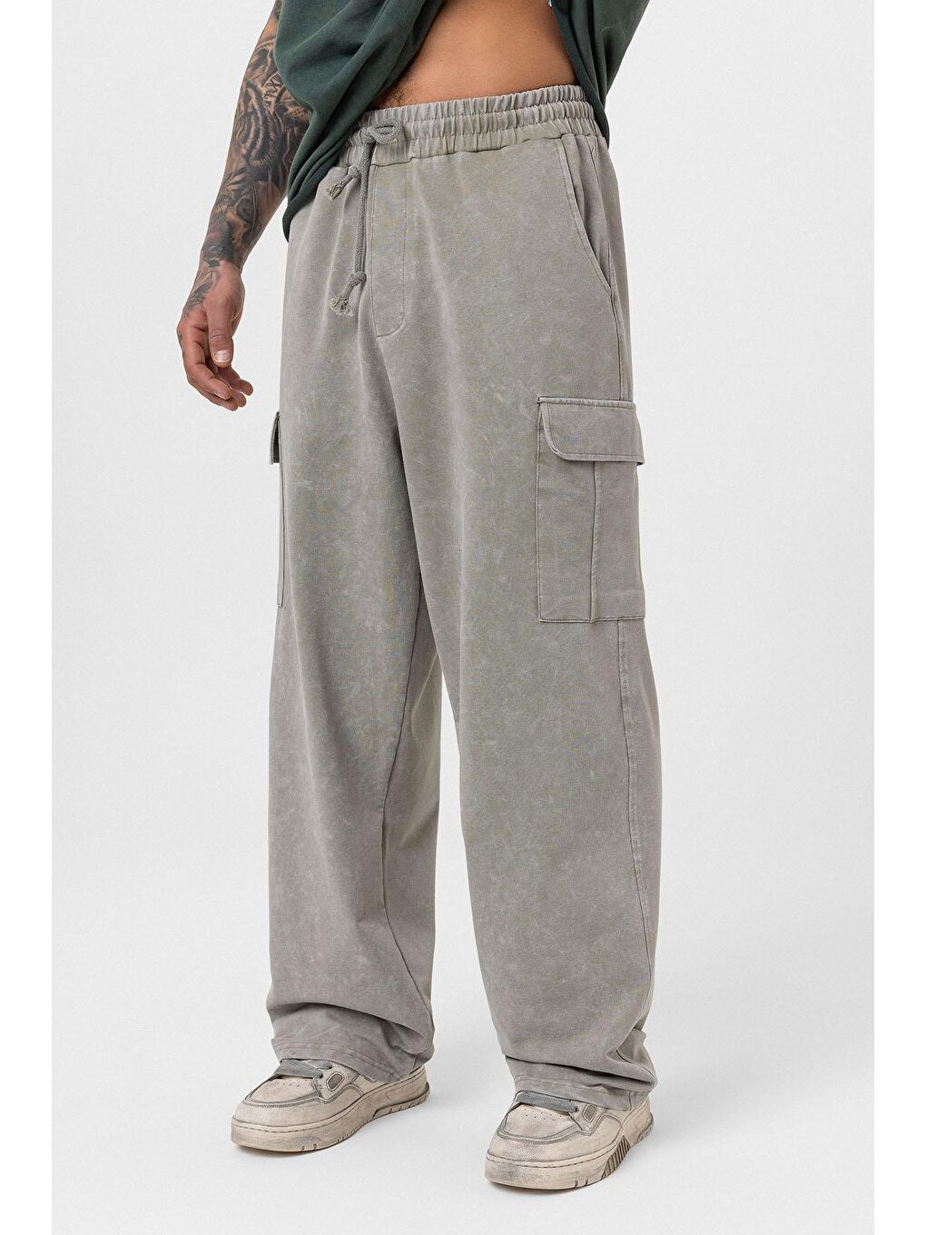 Yıkamalı Kargo Cepli Baggy Eşofman Alt Haki-3