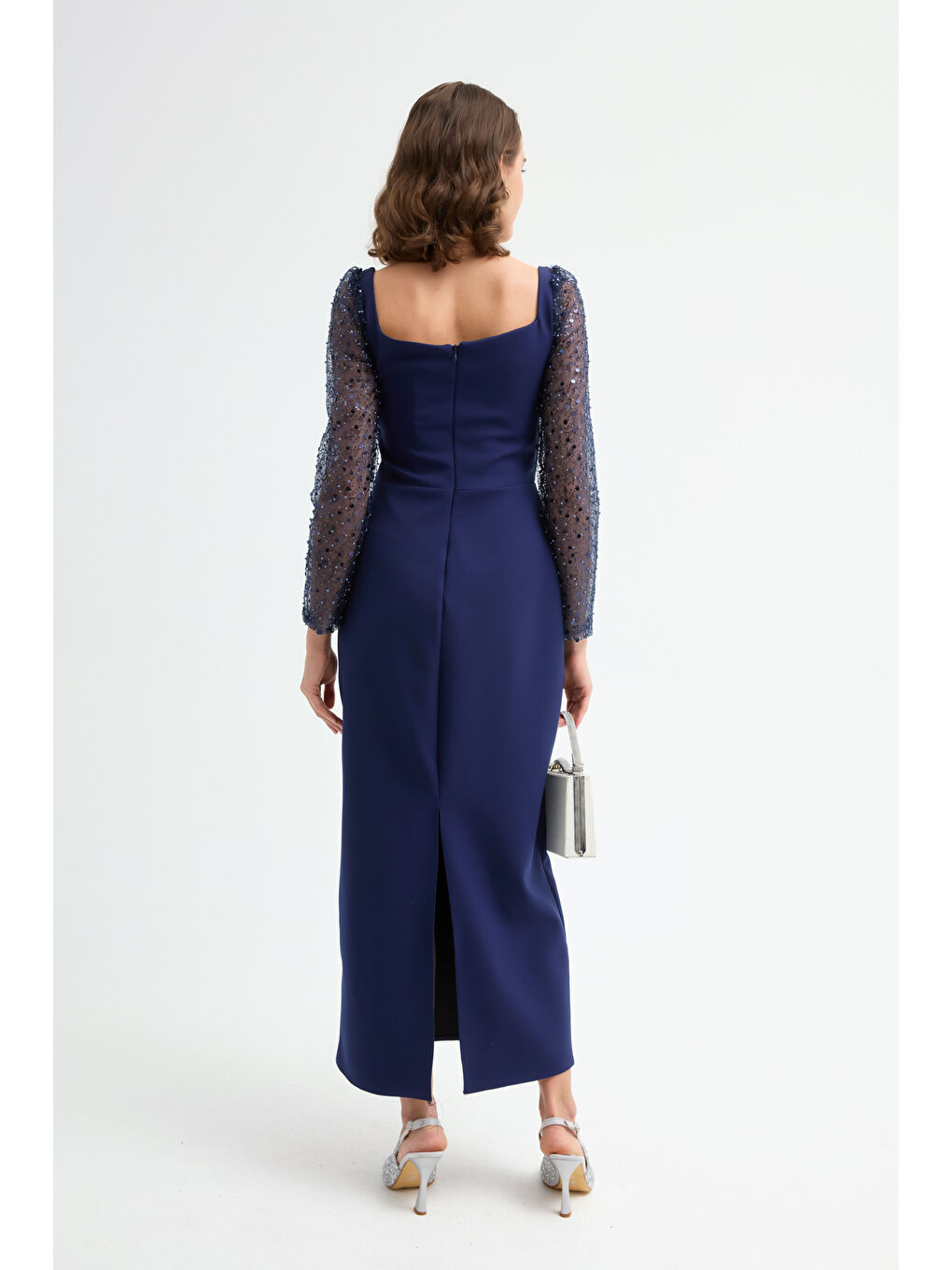 Kadın Lacivert Kalp Yaka Kolları Payetli Midi Söz Nişan Nikah Abiye Elbise-4